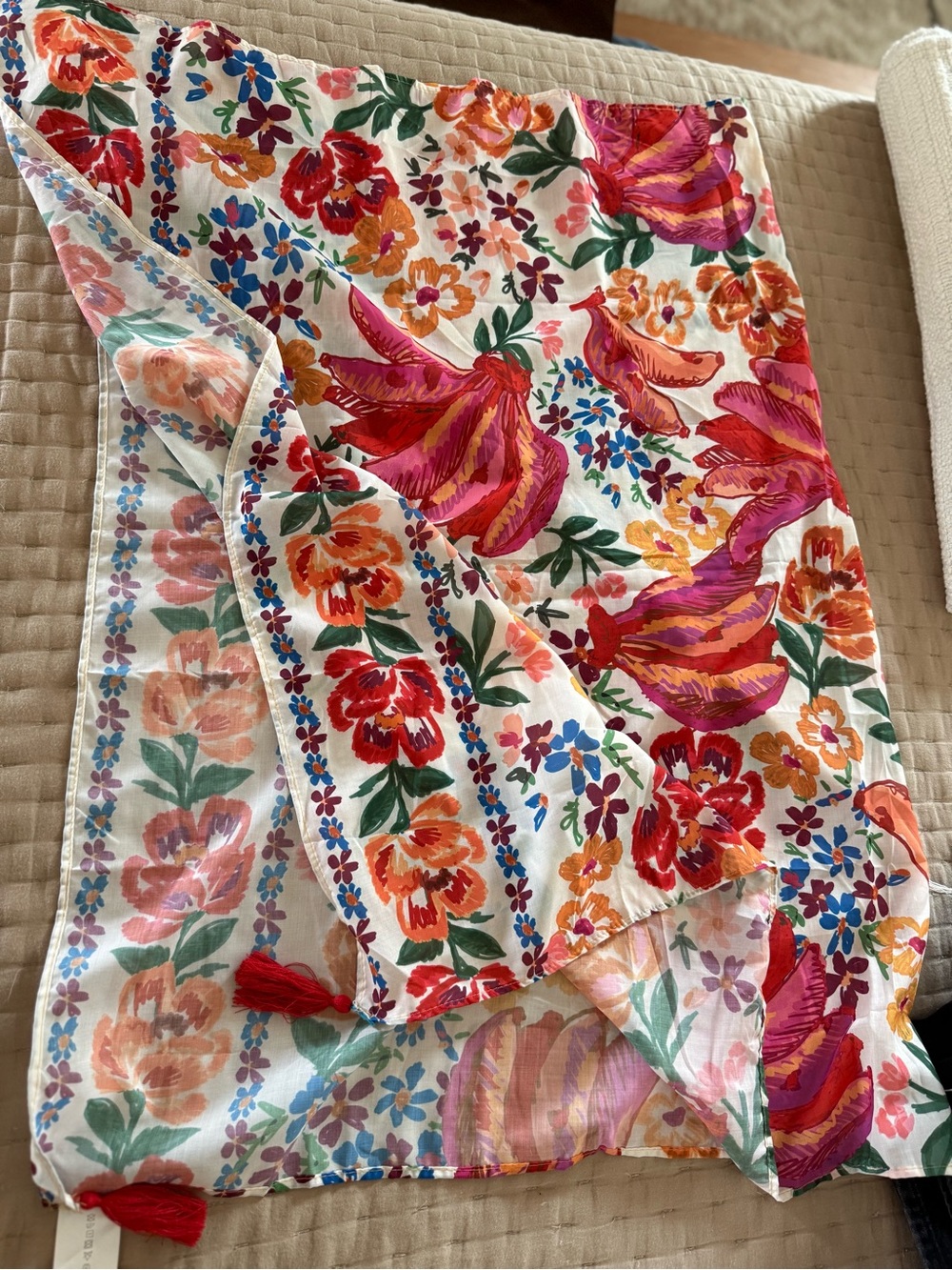 Floral Tassel  - White with Red, Orange & Blue Flowers - Picture 2 of 2